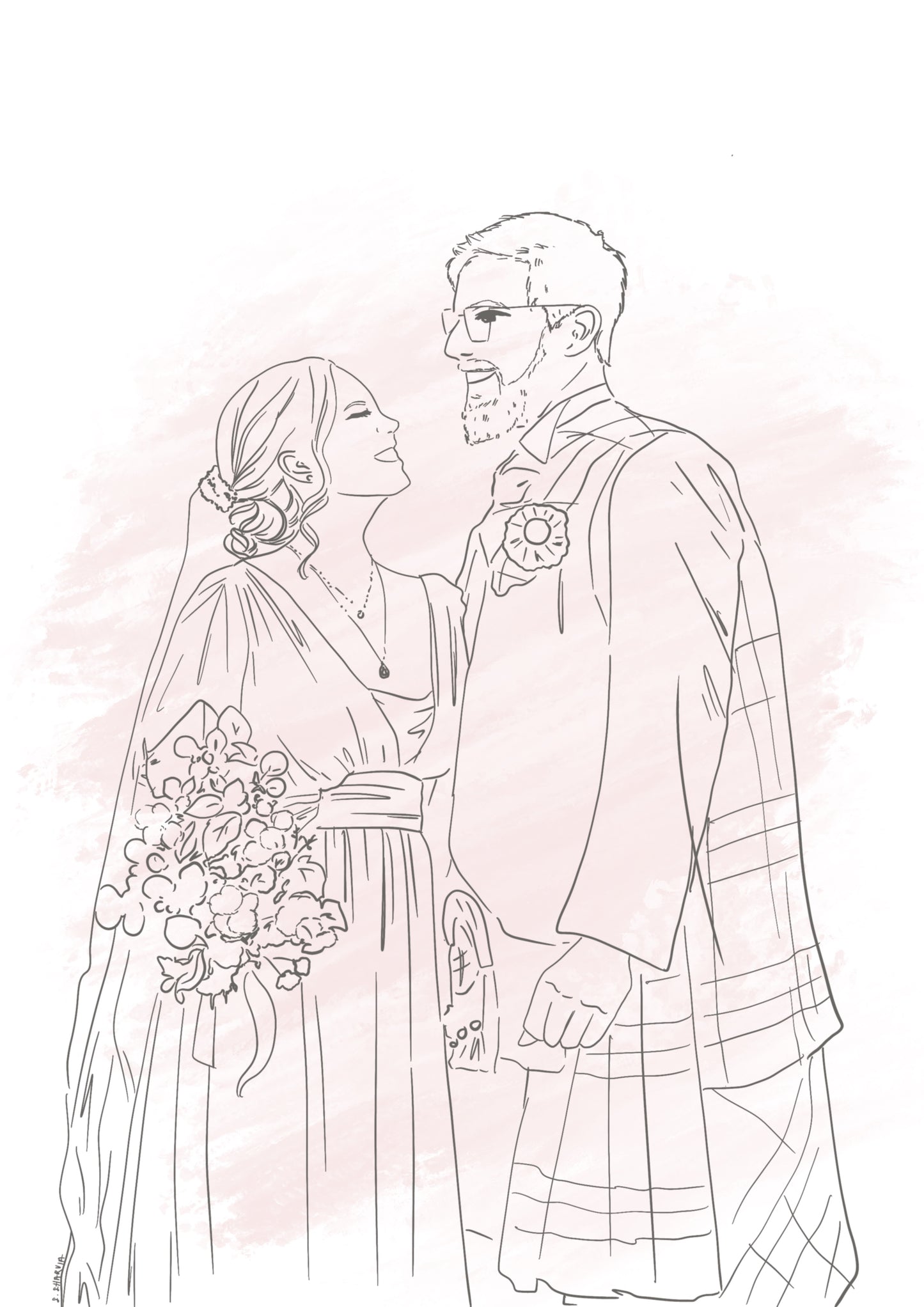 custom portrait of wedding couple, bride and groom in wedding dress. line art style. cutom wedding gift